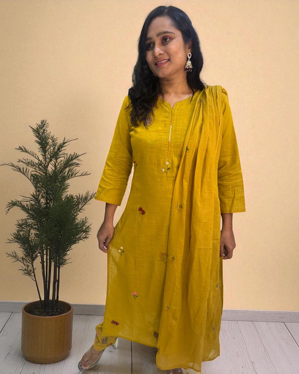 Mustard Kesar Slub Cotton Suit set