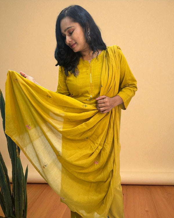 Mustard Kesar Slub Cotton Suit set