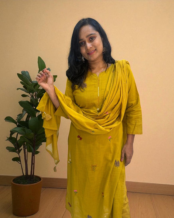 Mustard Kesar Slub Cotton Suit set