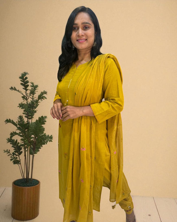 Mustard Kesar Slub Cotton Suit set