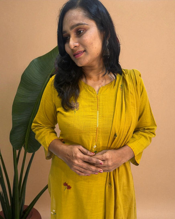 Mustard Kesar Slub Cotton Suit set