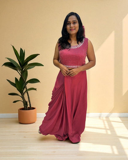 Onion Pink Handcrafted  Chinon silk Drape Set - Indo western