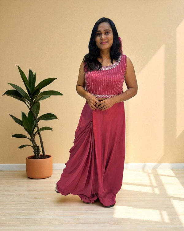 Onion Pink Handcrafted  Chinon silk Drape Set - Indo western