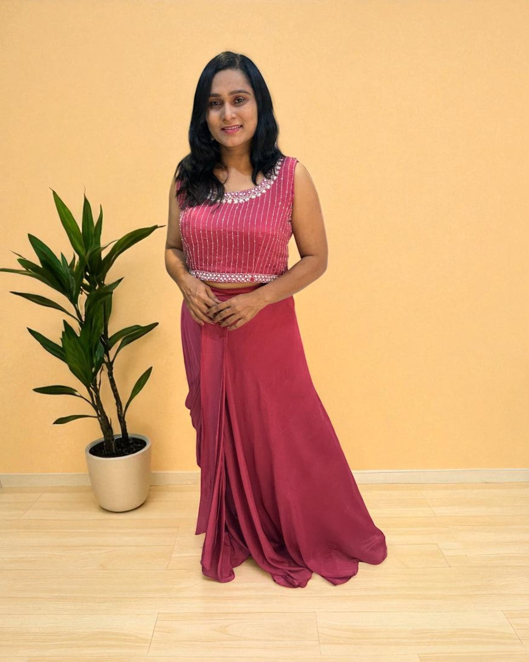 Onion Pink Handcrafted  Chinon silk Drape Set - Indo western