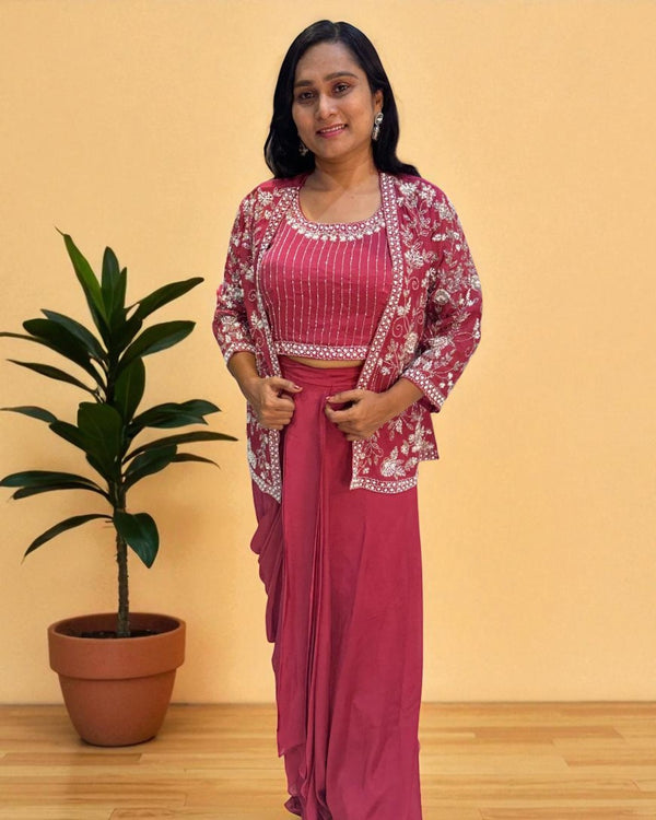 Onion Pink Handcrafted  Chinon silk Drape Set - Indo western