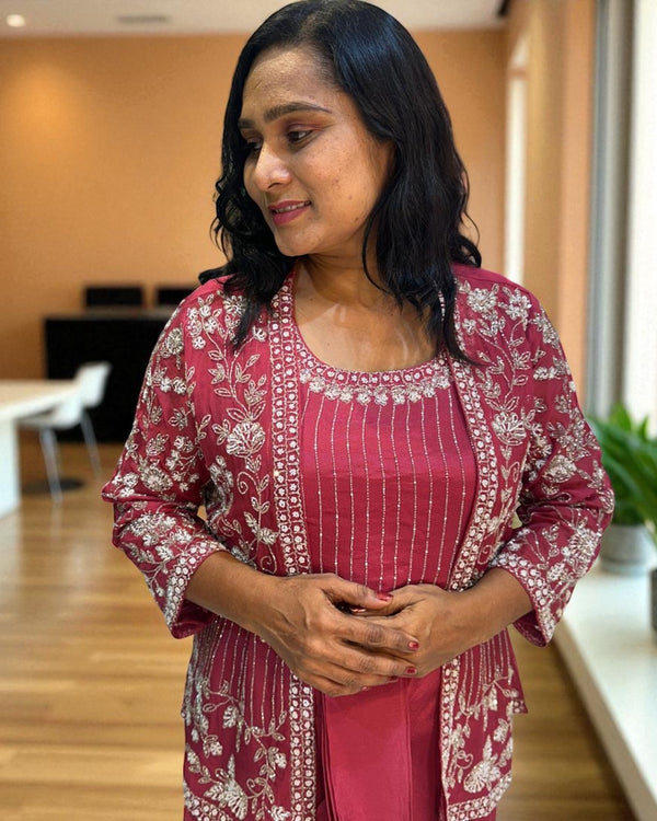 Onion Pink Handcrafted  Chinon silk Drape Set - Indo western