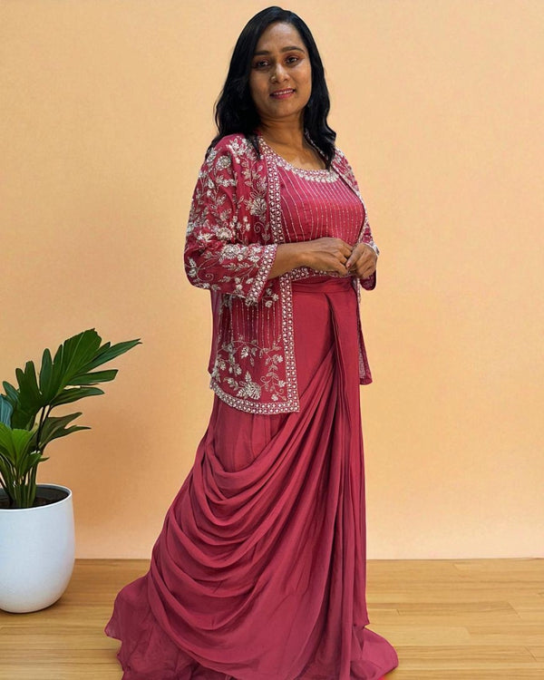Onion Pink Handcrafted  Chinon silk Drape Set - Indo western