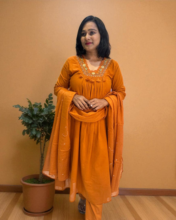 Rust Orange Suneri A Line Cotton suit set