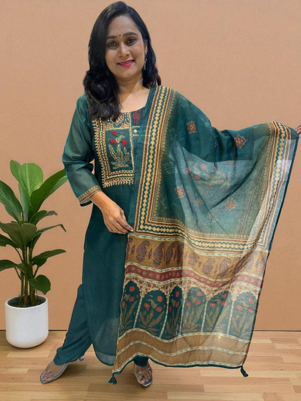 Bottle Green Rekha Kantha work Coral silk suit set