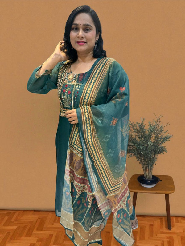 Bottle Green Rekha Kantha work Coral silk suit set