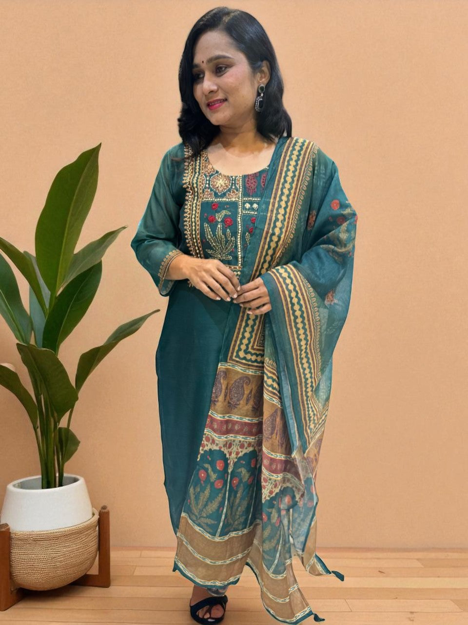 Bottle Green Rekha Kantha work Coral silk suit set