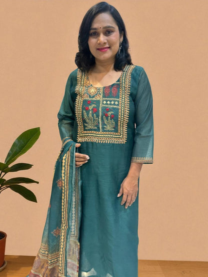 Bottle Green Rekha Kantha work Coral silk suit set