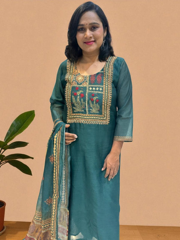 Bottle Green Rekha Kantha work Coral silk suit set