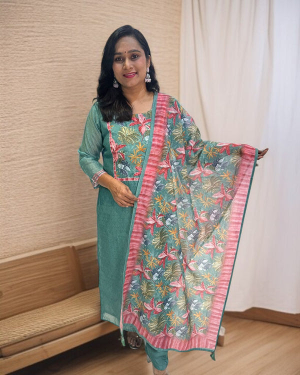 Green Rekha Kantha work Coral silk suit set