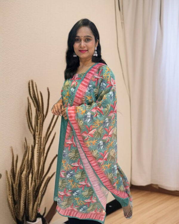 Green Rekha Kantha work Coral silk suit set