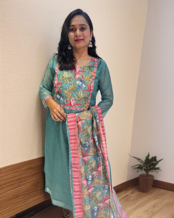 Green Rekha Kantha work Coral silk suit set