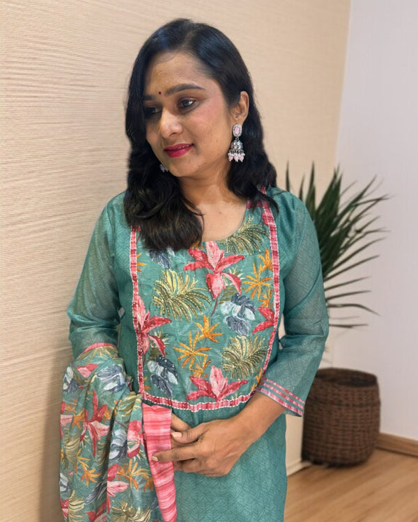 Green Rekha Kantha work Coral silk suit set