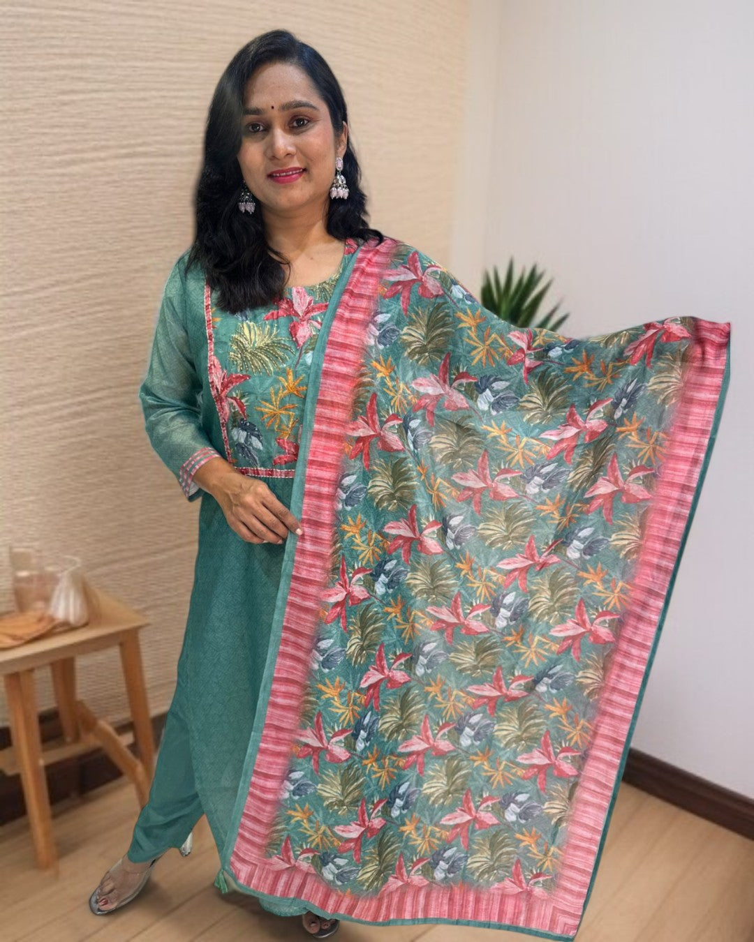 Green Rekha Kantha work Coral silk suit set