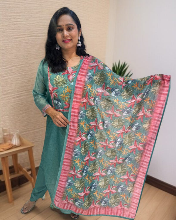 Green Rekha Kantha work Coral silk suit set
