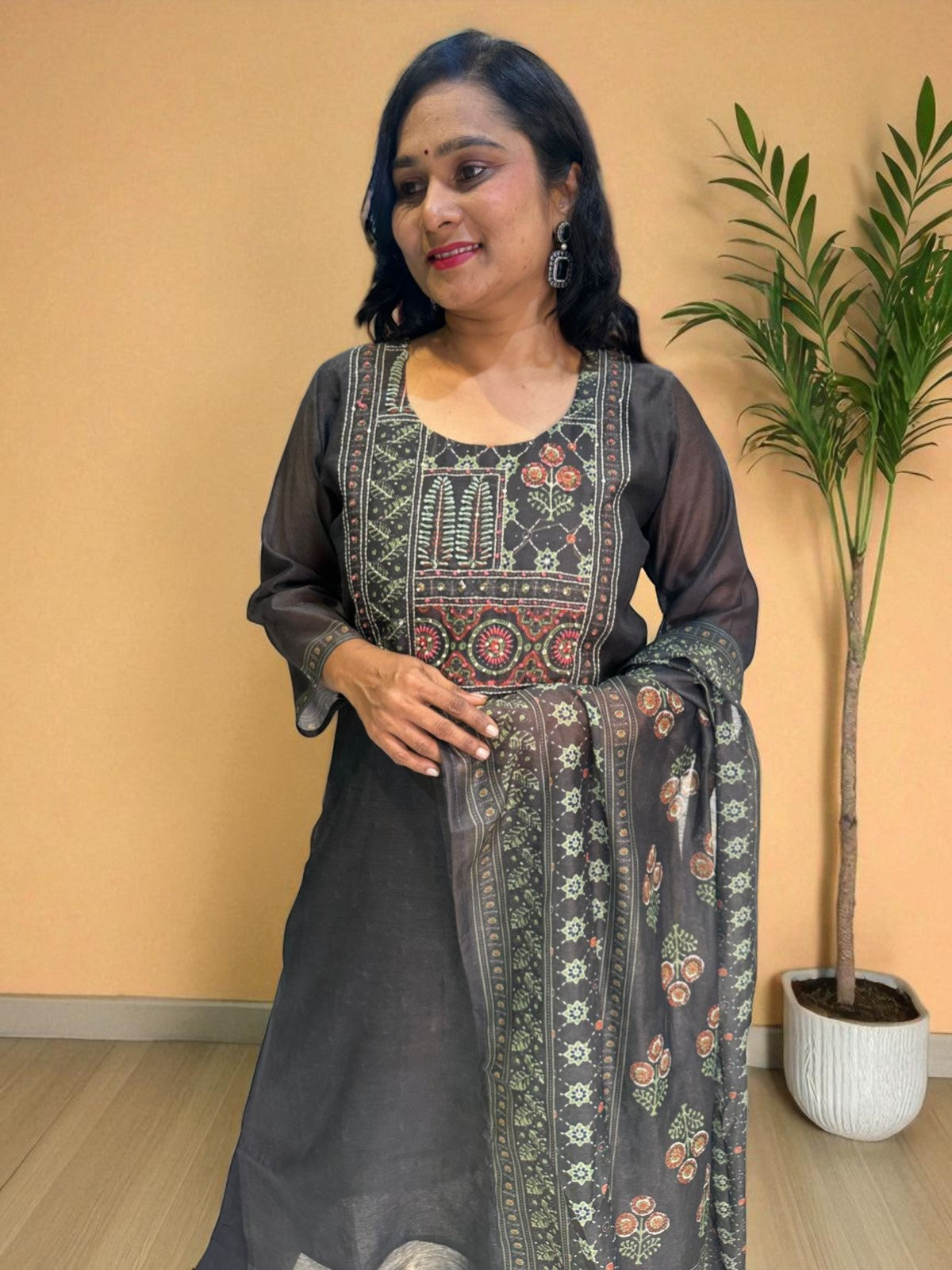 Black Rekha Kantha work Coral silk suit set