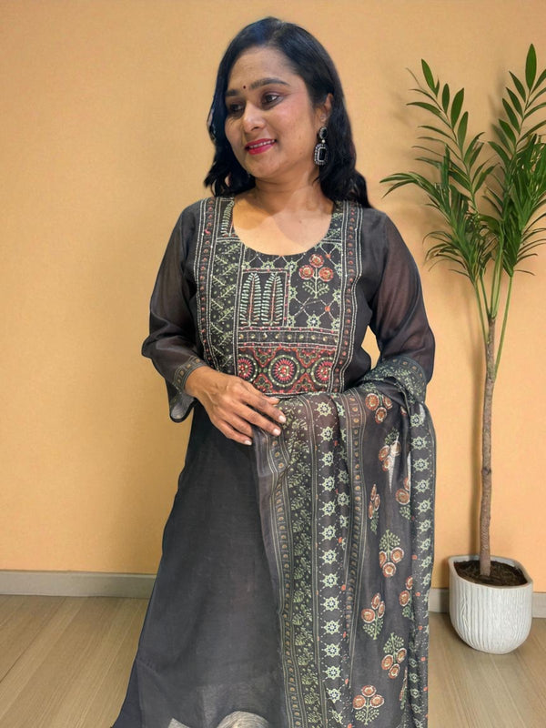 Black Rekha Kantha work Coral silk suit set