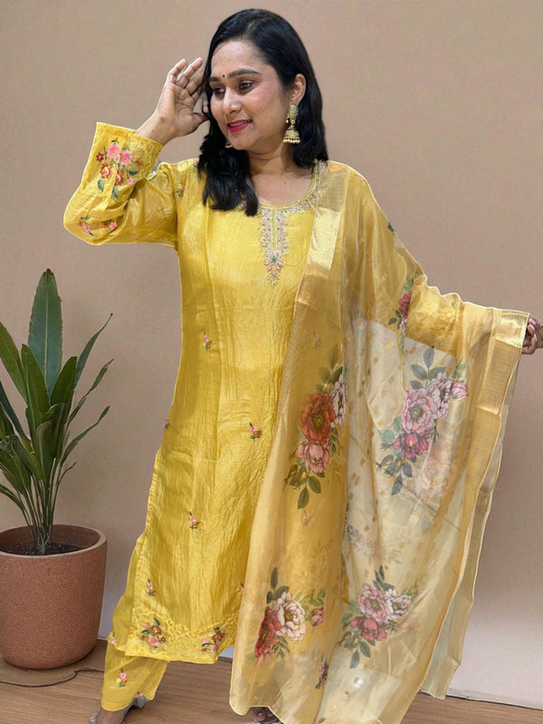 Yellow Aashi Crushed tissue suit set