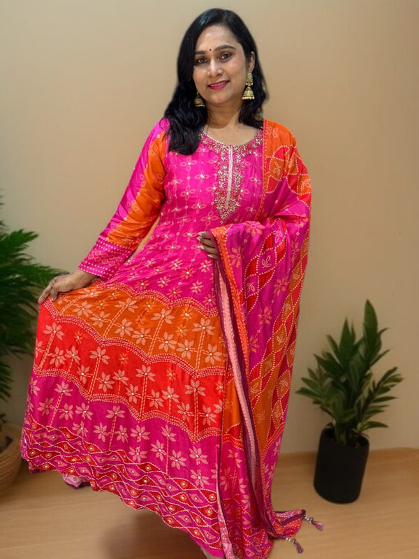 Pink Mrinali Silk Anarkali suit set