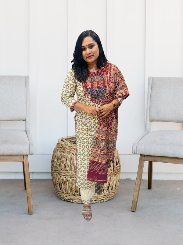 Beige Diti Ajrakh Batik Cotton suit set