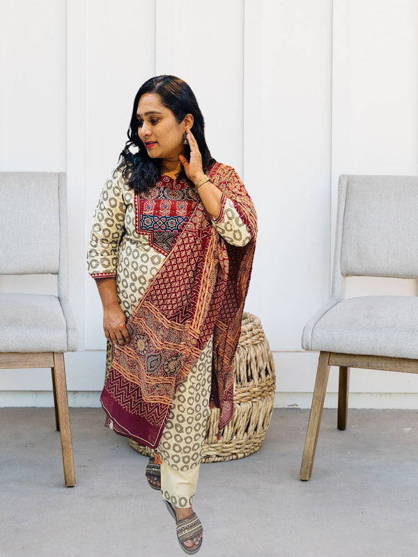 Beige Diti Ajrakh Batik Cotton suit set