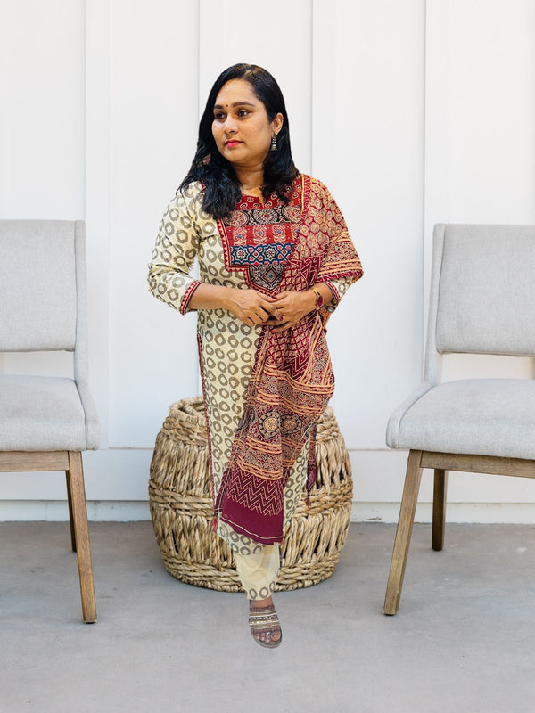 Beige Diti Ajrakh Batik Cotton suit set