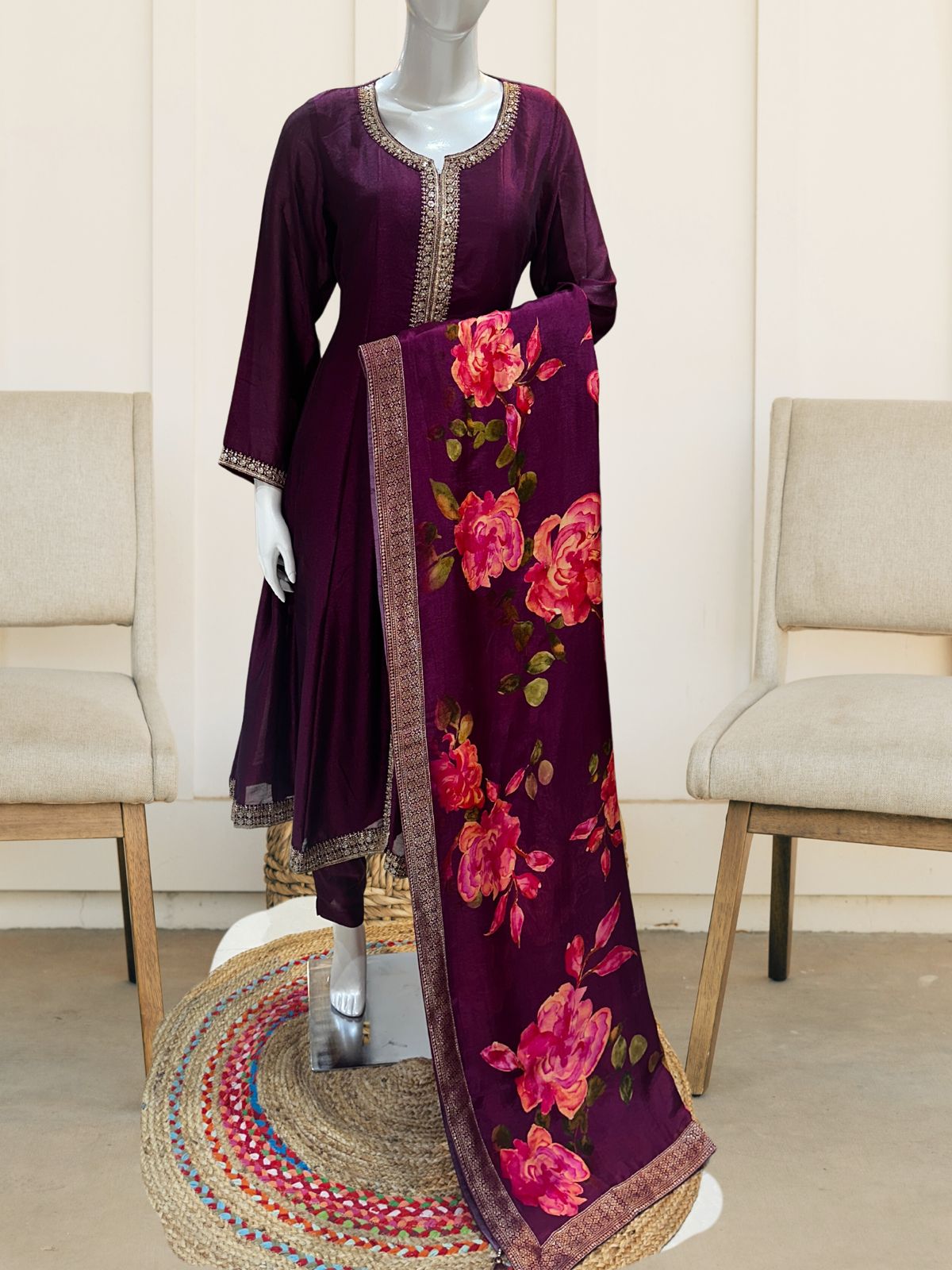 Wine Ara Vichitra silk A line suit set