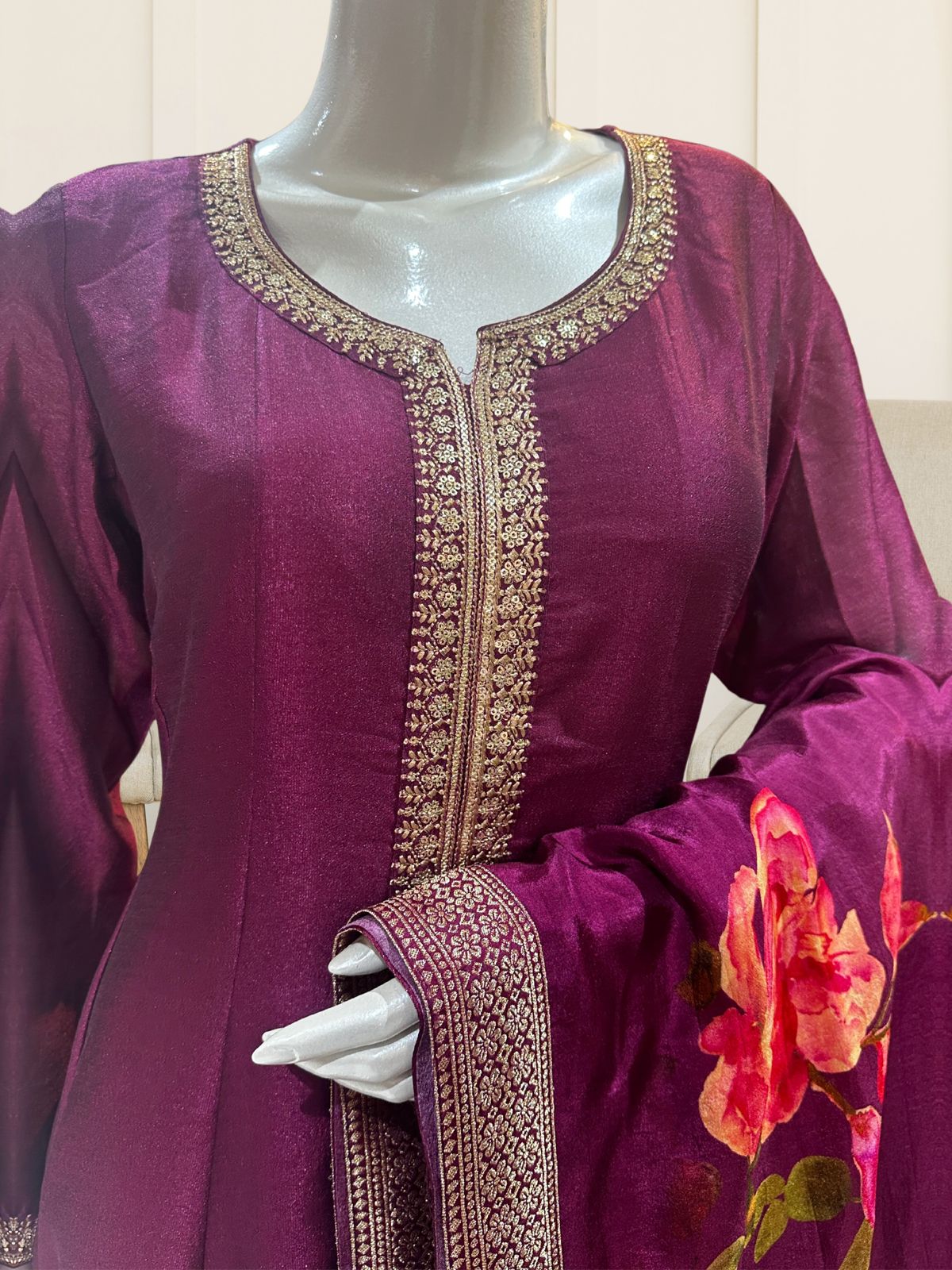 Wine Ara Vichitra silk A line suit set