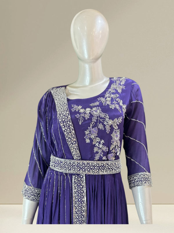 Purple Simran Chinon silk Gown with cutdana work