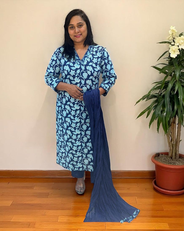 Navy Blue Aachal Cotton Suit set