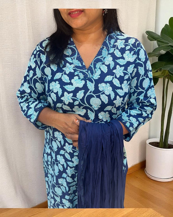 Navy Blue Aachal Cotton Suit set