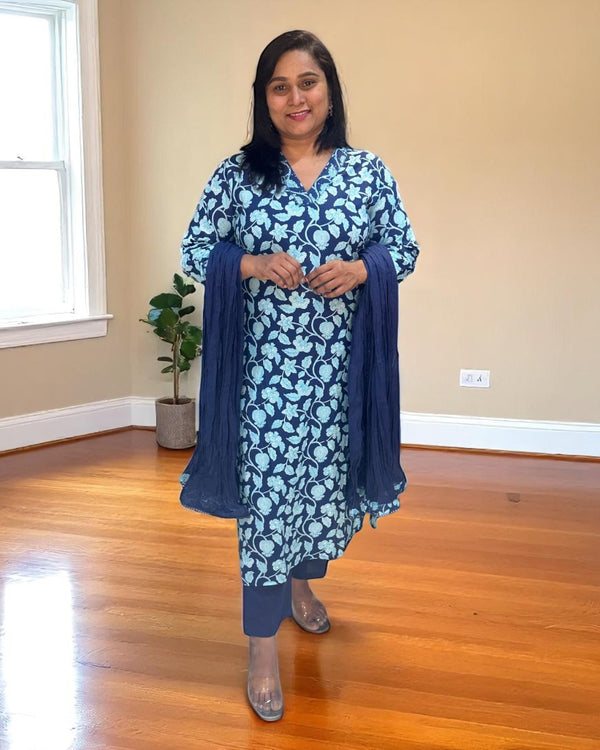 Navy Blue Aachal Cotton Suit set