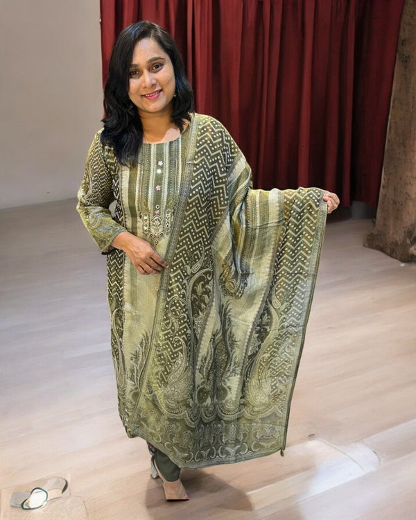 Mehandi green Mishti Tissue silk Suit set