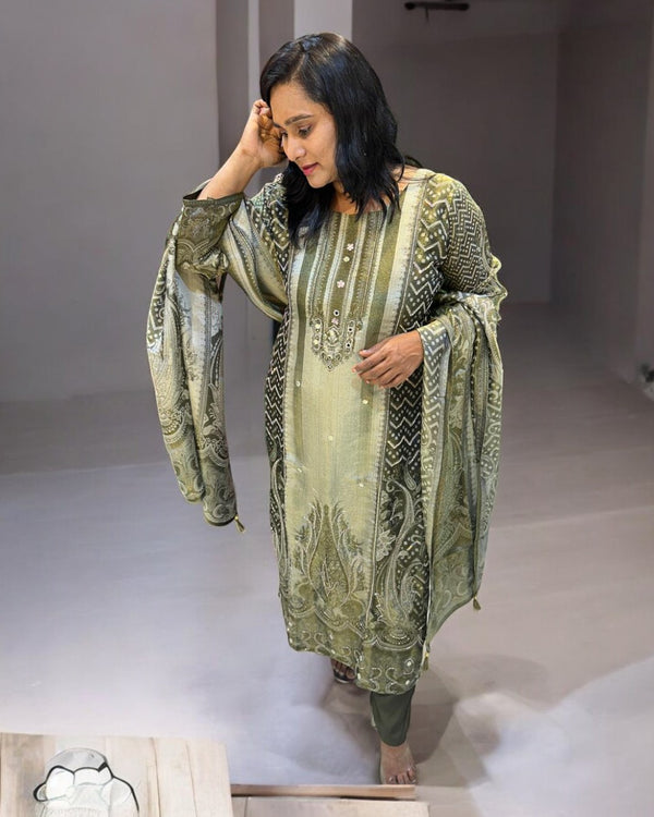 Mehandi green Mishti Tissue silk Suit set