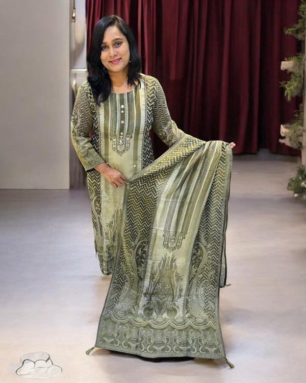 Mehandi green Mishti Tissue silk Suit set