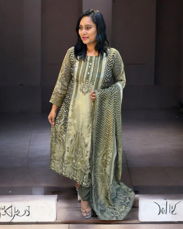 Mehandi green Mishti Tissue silk Suit set