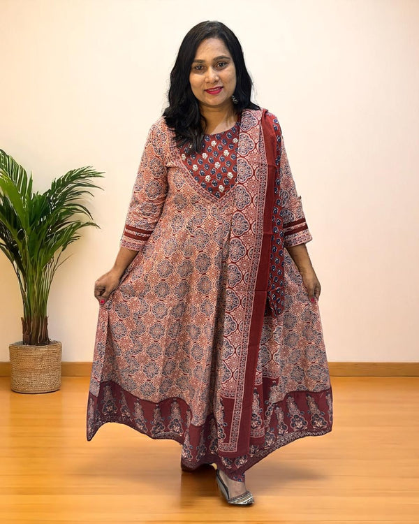 Maroon Mayura Ajrakh Cotton Anarkali Suit