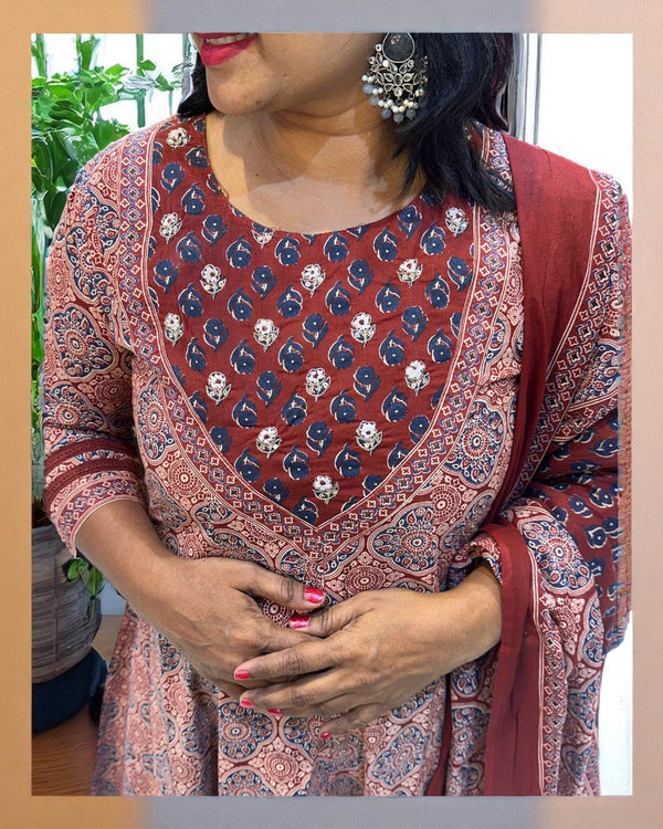 Maroon Mayura Ajrakh Cotton Anarkali Suit