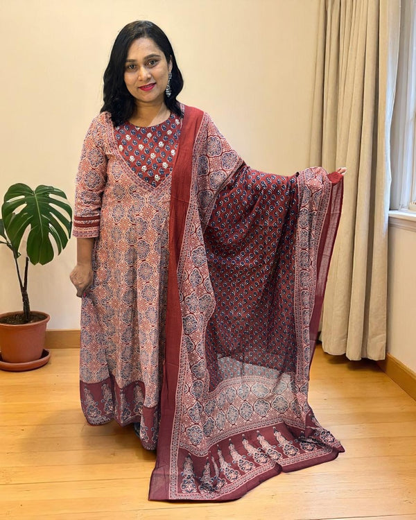 Maroon Mayura Ajrakh Cotton Anarkali Suit