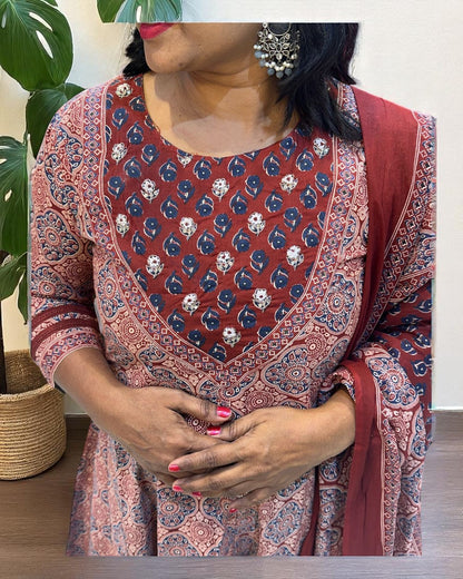 Maroon Mayura Ajrakh Cotton Anarkali Suit