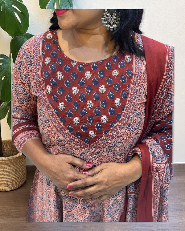 Maroon Mayura Ajrakh Cotton Anarkali Suit
