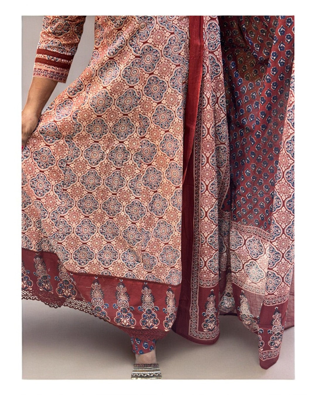 Maroon Mayura Ajrakh Cotton Anarkali Suit