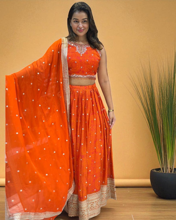 Orange Ila Chinon silk Handcrafted Lehanga