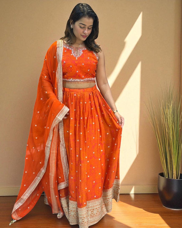 Orange Ila Chinon silk Handcrafted Lehanga
