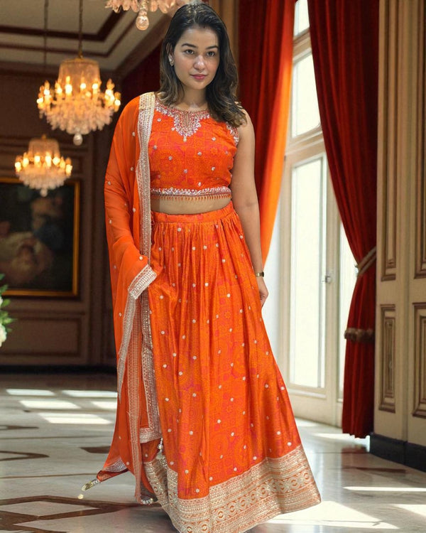 Orange Ila Chinon silk Handcrafted Lehanga