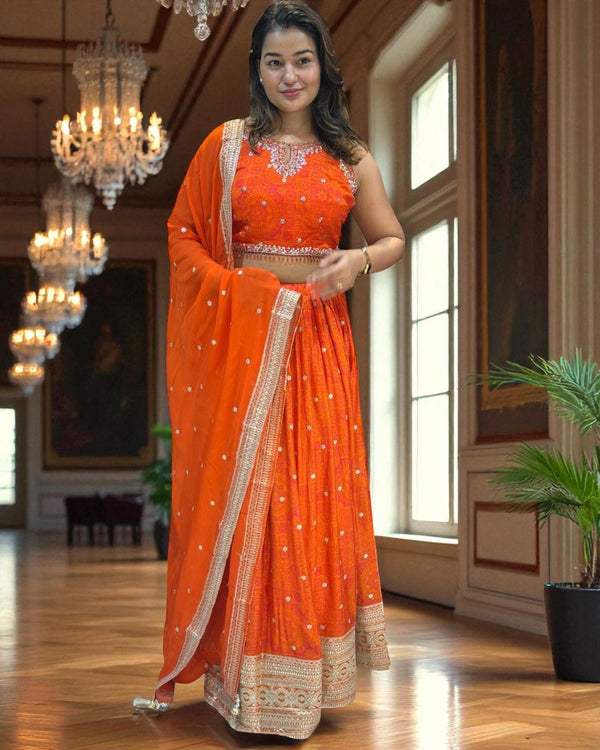 Orange Ila Chinon silk Handcrafted Lehanga